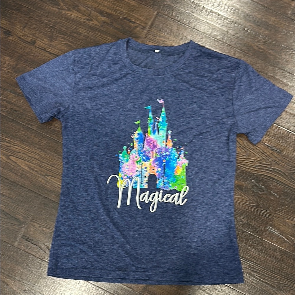 Blue Short Sleeve Tee with Magical Castle Design